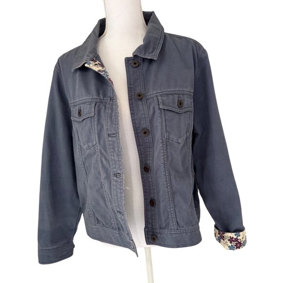 L.L.Bean Jacket Size Large Petite Denim Twill Jacket Cotton Blue Floral Trim - Picture 1 of 8
